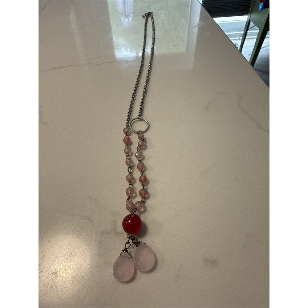 Pink Glass Teardrop Pendant Charm Beaded Necklace Silver Tone Metal AEO